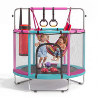 Pink and blue 55-inch kids trampoline with enclosure, swing, gym rings and punching bag