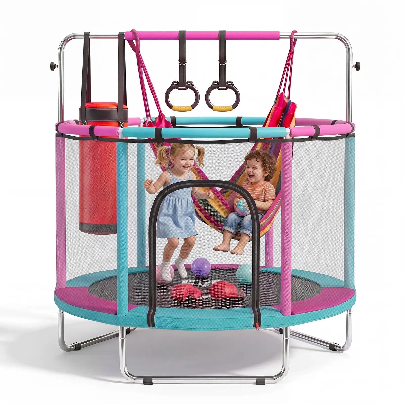 55" Kids Trampoline with Safety Enclosure — Indoor & Outdoor Toddler Play Set with Swing, Gym Rings, Punching Bag & Adjustable Bar