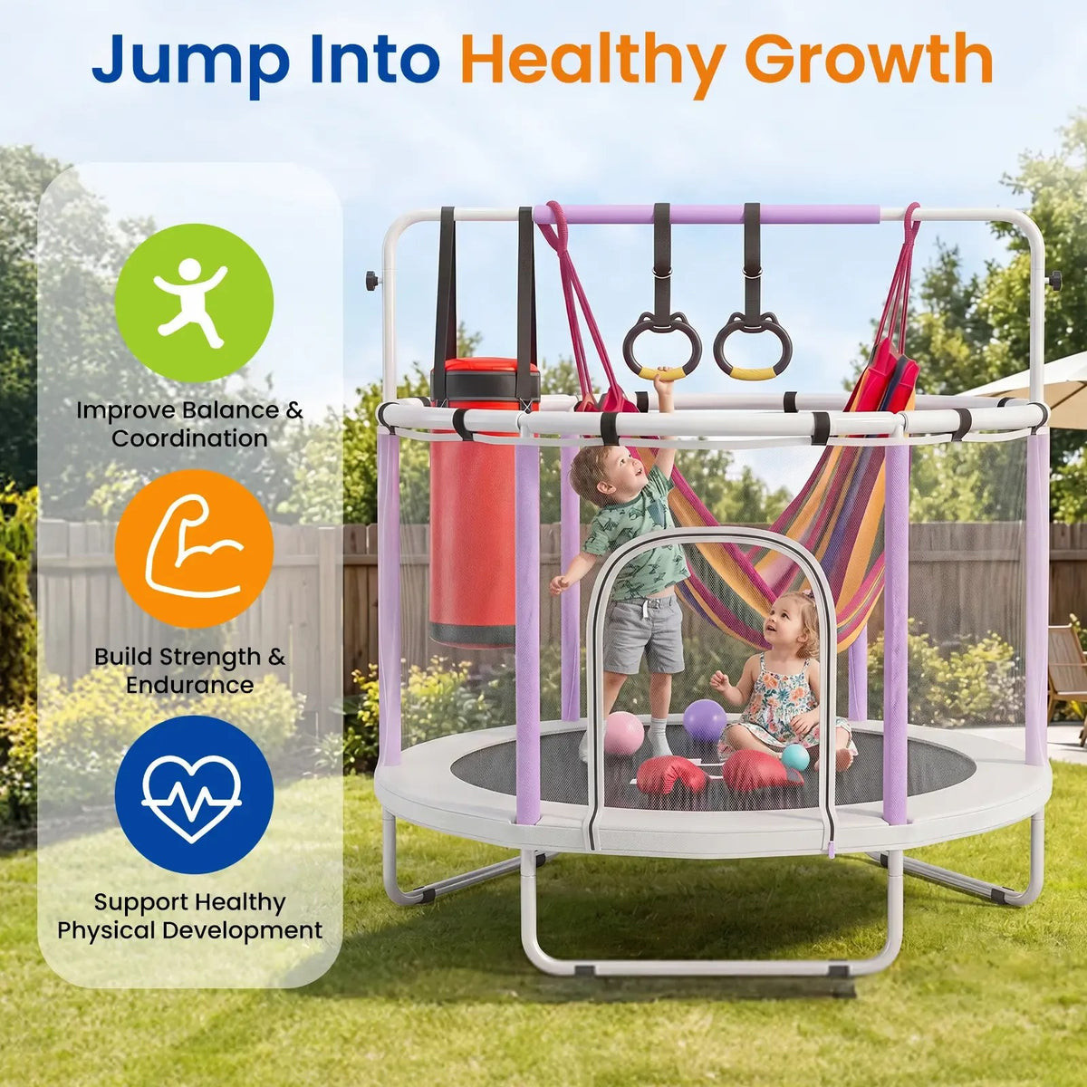 Kids playing on the trampoline in a backyard — improves balance, strength and healthy development