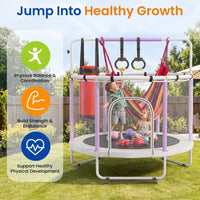 Kids playing on the trampoline in a backyard — improves balance, strength and healthy development