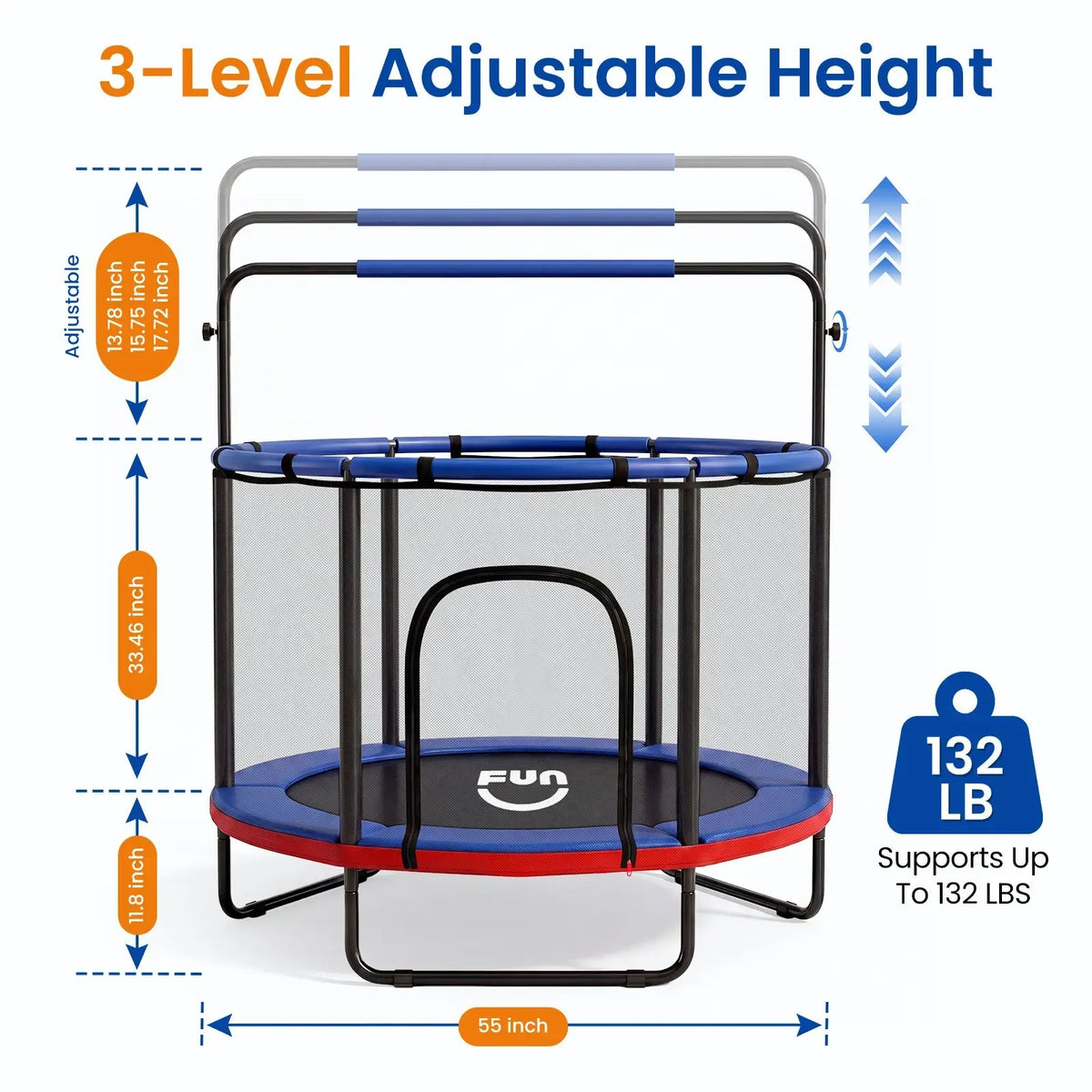 Dimensions: 55 inch diameter, 33.46 inch enclosure, 3-level adjustable bar, 132 lb capacity