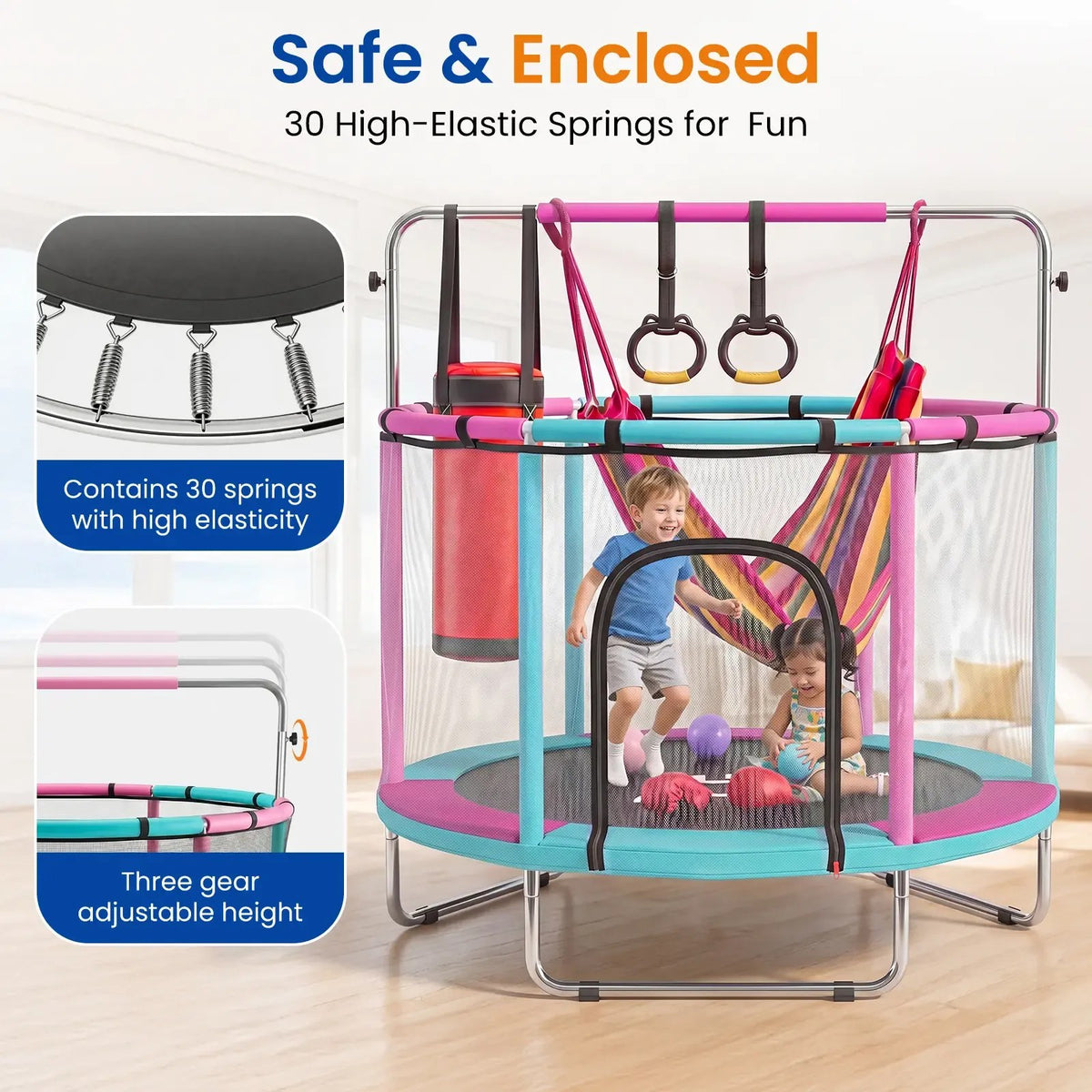 Safety features: 30 high-elasticity springs, full mesh enclosure and three-gear adjustable bar
