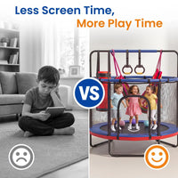 Less screen time, more active play — child on a tablet versus kids bouncing on the trampoline