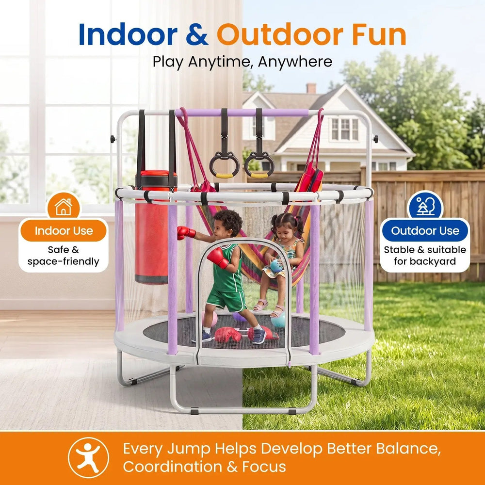55" Kids Trampoline with Safety Enclosure — Indoor & Outdoor Toddler Play Set with Swing, Gym Rings, Punching Bag & Adjustable Bar