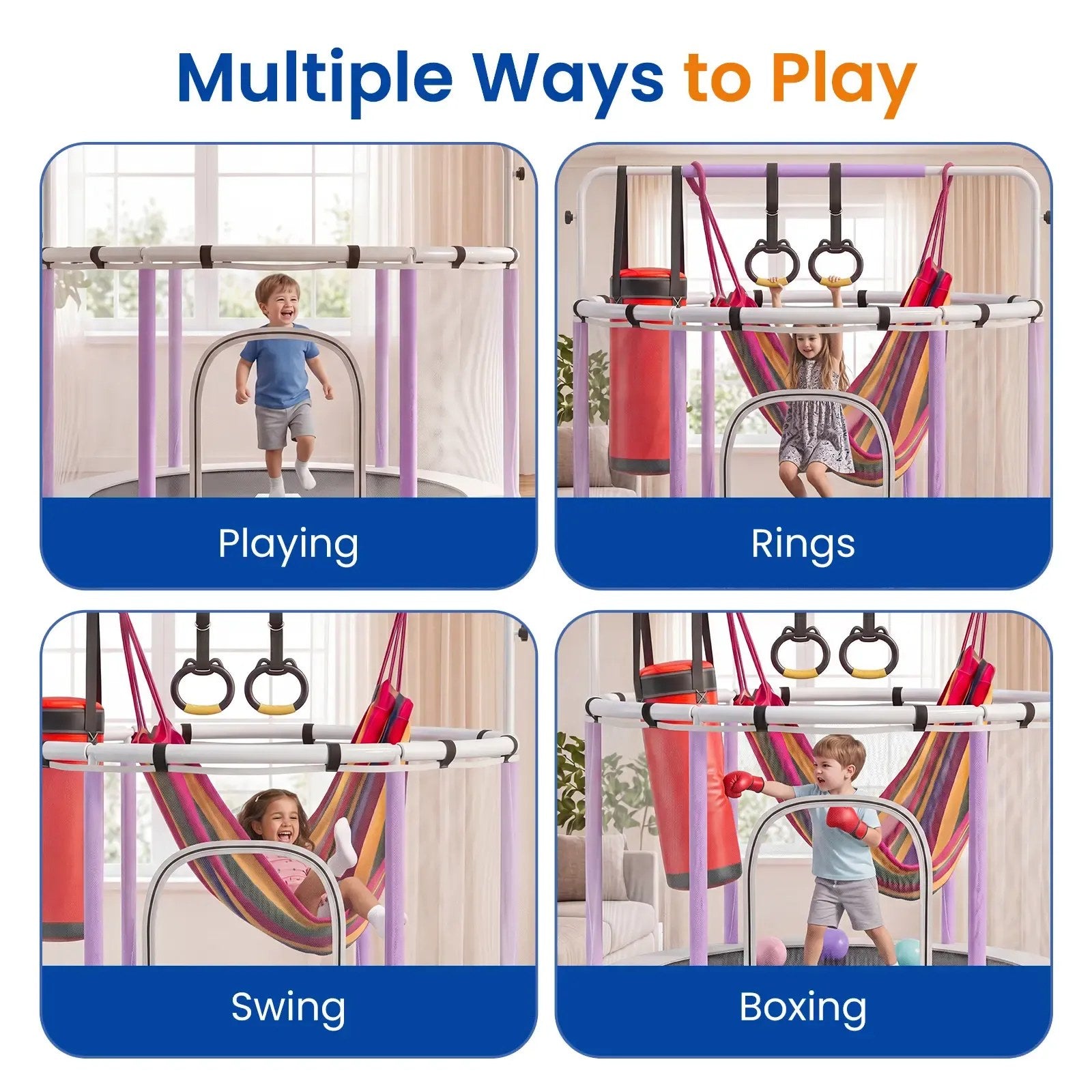 55" Kids Trampoline with Safety Enclosure — Indoor & Outdoor Toddler Play Set with Swing, Gym Rings, Punching Bag & Adjustable Bar