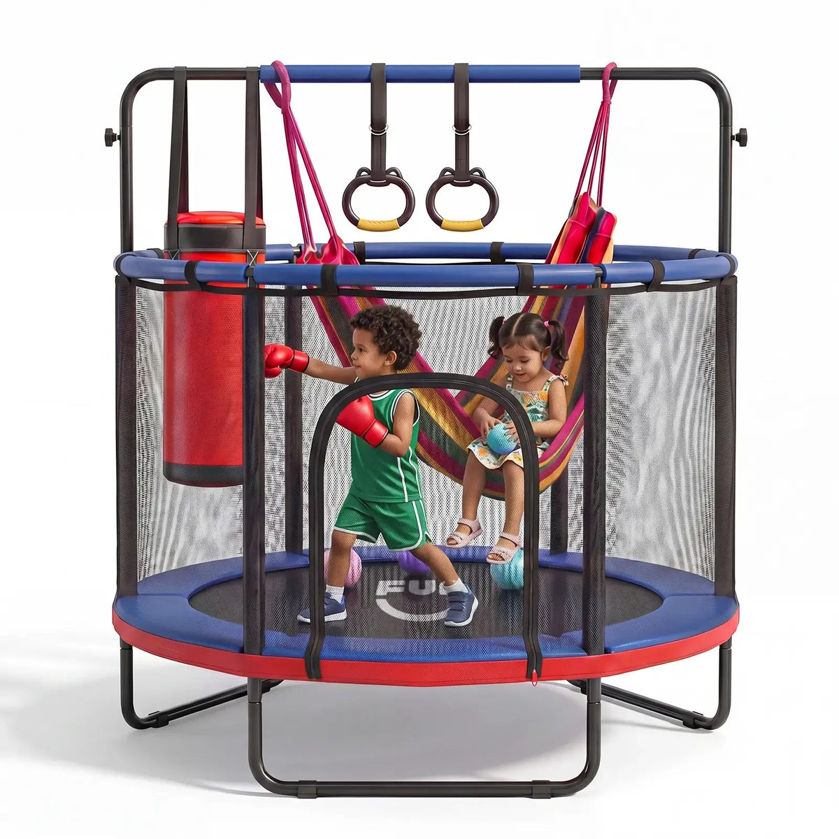 Red and blue 55-inch kids trampoline with enclosure and accessories