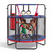Red and blue 55-inch kids trampoline with enclosure and accessories
